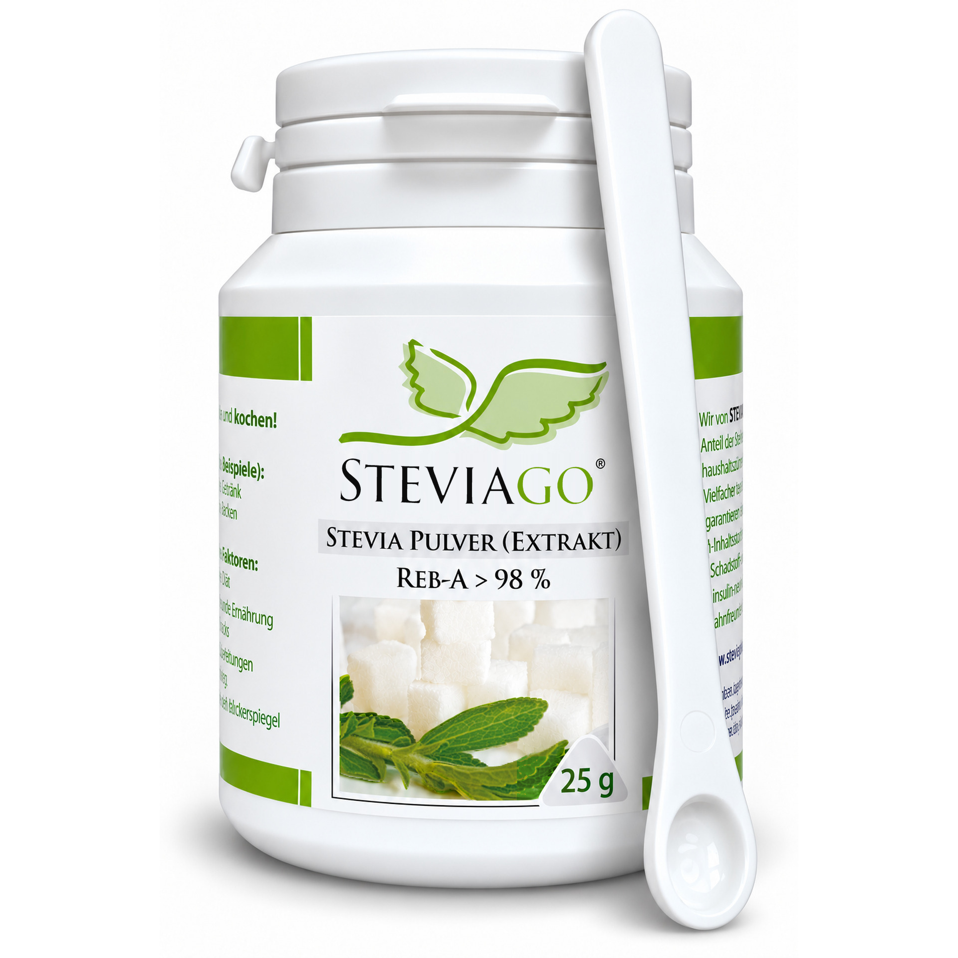 steviago stevia pulver 25g reb a 98 prozent hauptbild mit dosierloeffel
