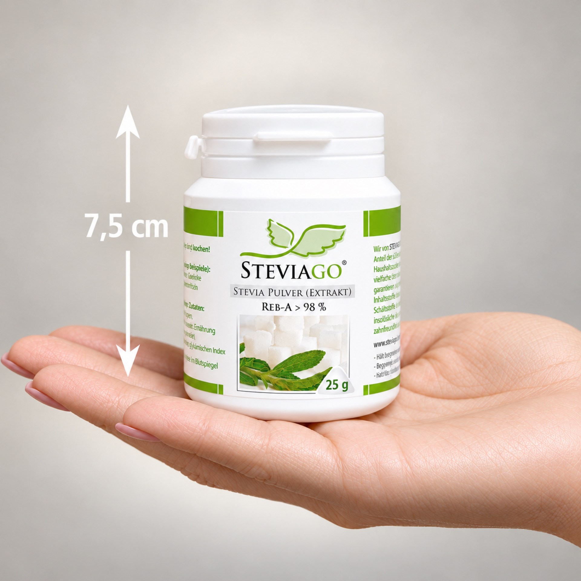 steviago stevia pulver 25g handbild groessenvergleich