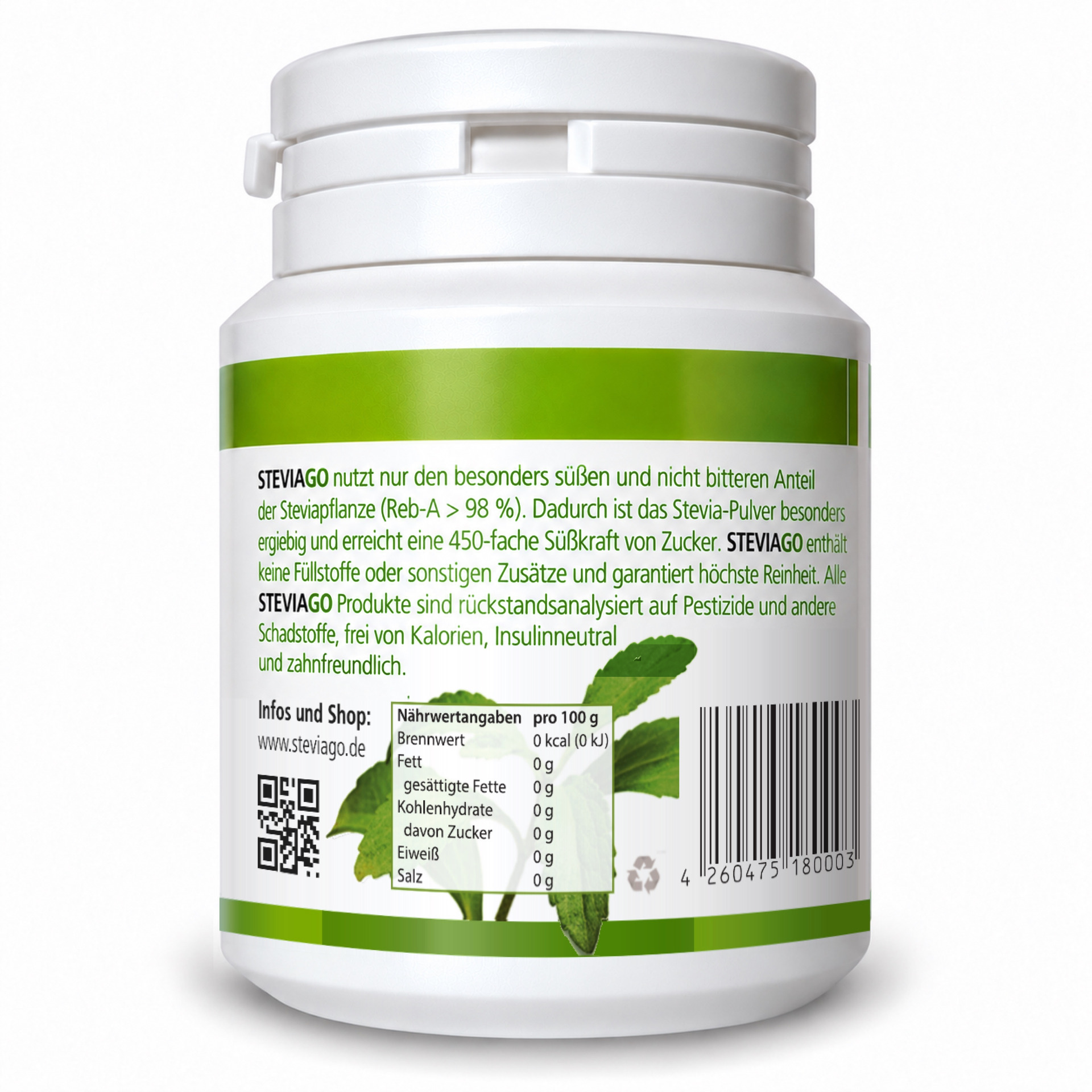steviago stevia pulver 25g reb a 98 prozent rueckseite naehrwerte